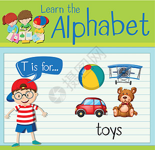 抽认卡字母 T 用于玩具学校演讲孩子们学习飞机夹子玩具熊插图活动卡片图片