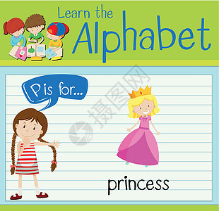 抽认卡字母 P 是给王子的白色绘画夹子插图女孩海报裙子活动教育戏服图片