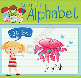 抽认卡字母 J 用于 jellyfis学习卡片生物动物演讲绿色教育孩子们活动海报图片