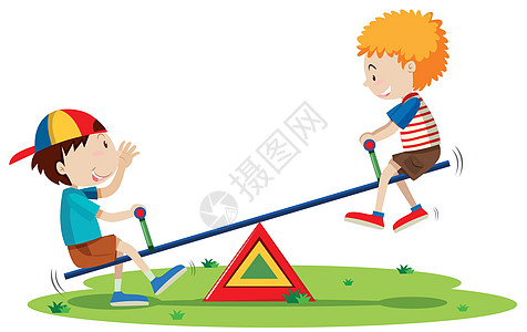 两个男孩在标准杆上玩跷跷板平衡木朋友们绘画小路青年乐趣男生瞳孔游戏白色图片