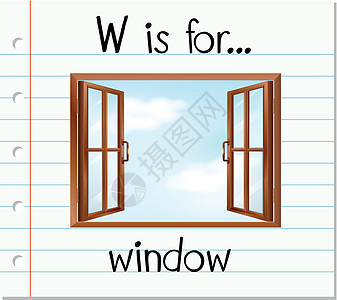 抽认卡字母 W 用于 windo卡片窗户刻字艺术教育家庭家具纸板框架拼写图片
