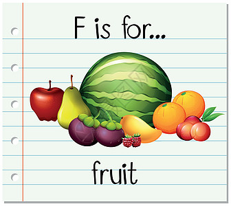 抽认卡字母 F 代表水果阅读夹子纸板绘画插图拼写幼儿园食物浆果字体图片