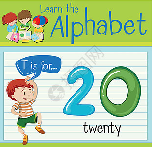 抽认卡字母 T 代表 twent数字工作夹子绿色孩子们教育插图海报艺术卡片图片