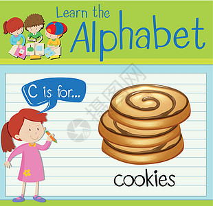 抽认卡字母 C 用于 cookie绿色甜点饼干糖果教育工作小吃艺术面包卡片图片