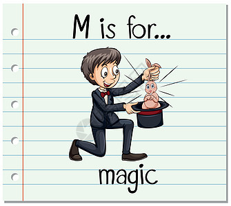 抽认卡字母 M 是给魔术师的男人教育性教育幼儿园纸板阅读娱乐卡片兔子拼写图片