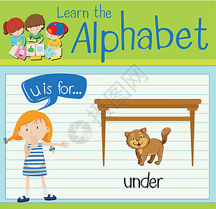 抽认卡字母 U 代表 unde动物海报学校白色孩子们宠物介词孩子学习绿色图片