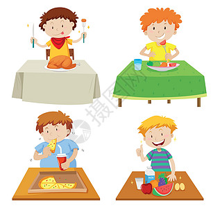 男孩在餐桌上吃饭艺术男生青年牛奶孩子们孩子食物小路夹子朋友们图片