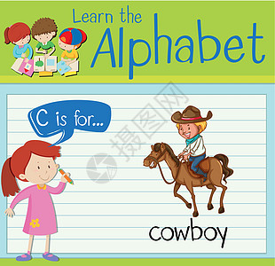 抽认卡字母 C 代表牛仔动物演讲绘画孩子们活动海报工作绿色白色插图图片