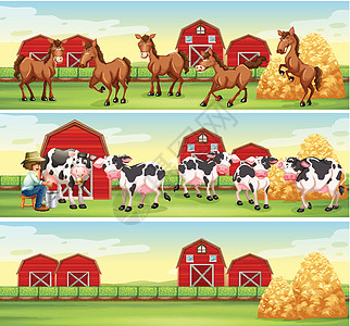 农场里有农夫和动物的场景图片