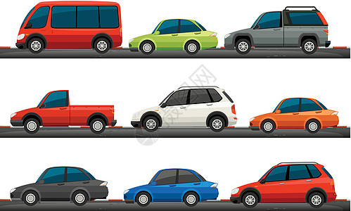 不同类型的汽车街道面包车轿车小路旅行车辆运输绘画插图剪裁图片