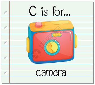抽认卡字母 C 用于相机拼写幼儿园字体艺术教育写作绘画工具镜片插图图片