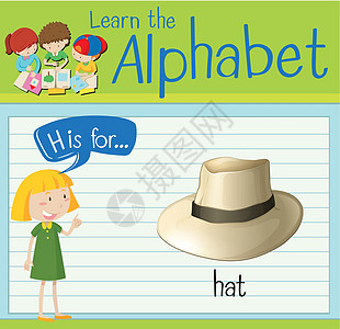 抽认卡字母 H 代表 ha夹子衣服白色绘画教育帽子配饰演讲学习绿色图片