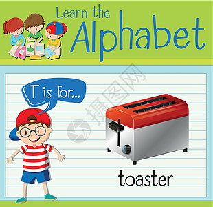 抽认卡字母 T 表示吐司烤面包机夹子艺术学校器具烹饪白色学习孩子们配饰图片