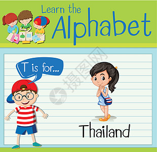 抽认卡字母 T 代表泰语夹子活动白色教育卡片绿色女孩海报演讲插图图片