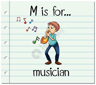 抽认卡字母 M 是为 musicia教育艺术闪光拼写卡通片绘画音乐家娱乐爱好幼儿园图片