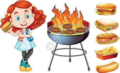 女孩和带 foo 的烧烤炉图片