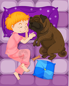 小男孩和宠物狗一起睡觉图片