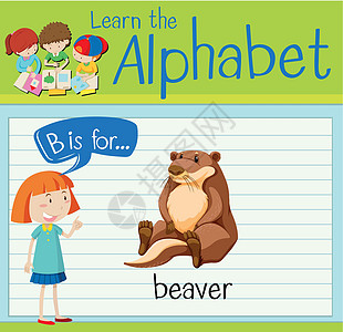 抽认卡字母 B 代表海狸孩子插图卡片教育生物绘画学习学校哺乳动物演讲图片