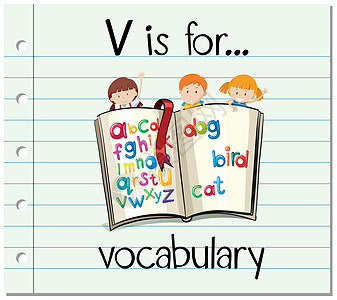 抽认卡字母 V 用于词汇男生插图刻字写作阅读拼写艺术教育性女孩卡片图片