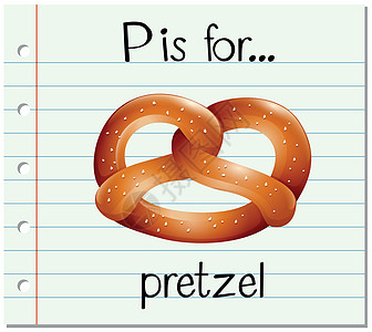 抽认卡字母 P 代表椒盐卷饼早餐插图卡通片小吃教育拼写字体写作面包卡片图片