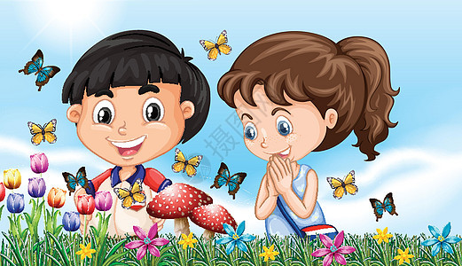 男孩和女孩在满是蝴蝶的花园里背景图片