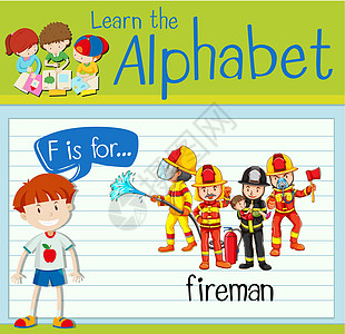 抽认卡字母 F 代表 firema绘画演讲学校艺术学习绿色工作孩子们活动插图图片