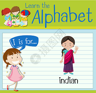 抽认卡字母 I 代表印度绿色文化工作教育问候语夹子学校戏服插图海报图片
