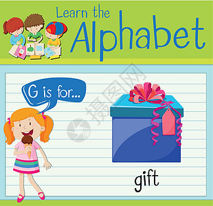 抽认卡字母 G 用于 gif孩子海报活动插图生日孩子们教育绿色夹子礼物图片