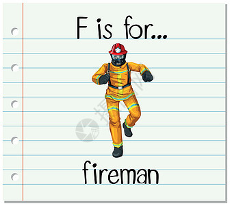 抽认卡字母 F 代表 firema夹子卡片绘画纸板教育男人职业消防员教育性艺术图片