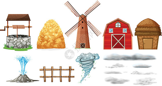 农场栅栏一组农场元素和天气插画