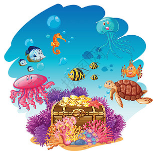 水下宝箱和海洋动物图片