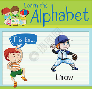 抽认卡字母 T 代表 thro工作白色海报绘画学校演讲玩家棒球夹子绿色图片