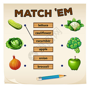 与新鲜蔬菜的配对游戏洋葱夹子运动插图水果黄瓜教育绘画剪裁活动图片