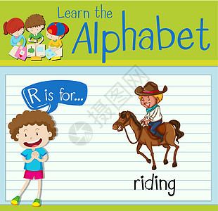 抽认卡字母 R 代表骑行骑术牛仔工作海报孩子演讲小马卡片艺术孩子们图片