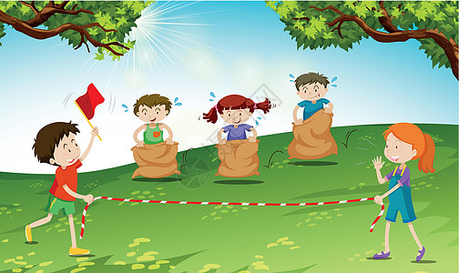 孩子们在田野里玩游戏童年跳绳终点女孩艺术风景绘画插图公园活动图片