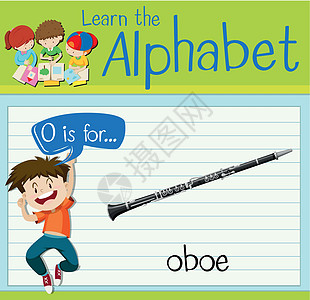 抽认卡字母 O 代表 obo乐器插图绘画孩子们绿色学校活动艺术夹子工作图片