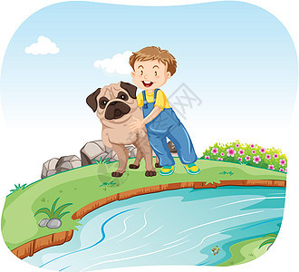 河边的小男孩和狗图片