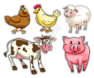 设置与农场动物的贴纸艺术小路公鸡夹子标签母鸡插图收藏剪裁绘画图片