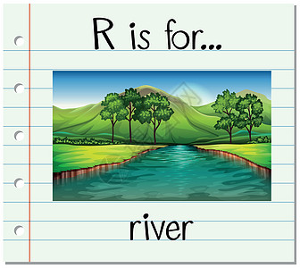 抽认卡字母 R 代表 rive拼写艺术闪光公园刻字热带写作夹子绘画卡片图片
