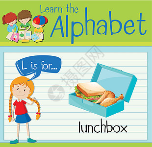 抽认卡字母 L 是午餐盒插图活动教育绿色绘画艺术孩子海报白色卡片图片