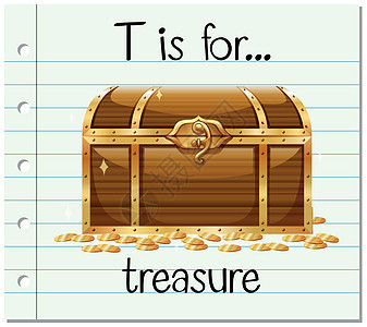 抽认卡字母 T 代表财宝硬币胸部夹子阅读幼儿园艺术卡片插图金子字体图片