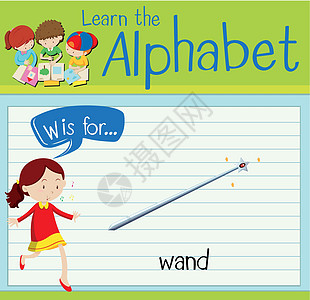 抽认卡字母 W 代表 wan工作插图绿色棍棒童话故事孩子海报绘画演讲白色图片