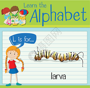 抽认卡字母 L 代表幼虫夹子昆虫艺术大号学校学习生物演讲活动海报图片