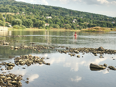 捷克最大的Elbe河从水中排出岩石流动气候变化极端运输石珊瑚生态河岸行为植物图片