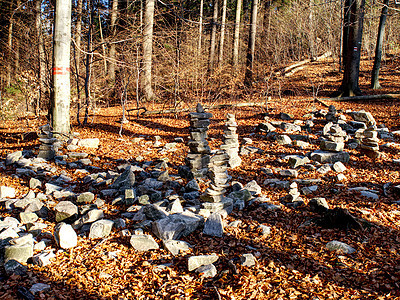秋天 森林里有很多神秘的石头堆积在一起图片