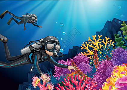 在深海下进行水肺潜水珊瑚活动游泳气泡海洋绘画插图运动面具蓝色图片