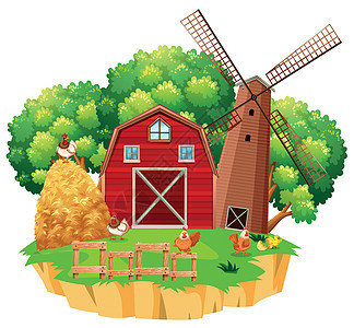 带红色谷仓和木制风车的农场场景图片