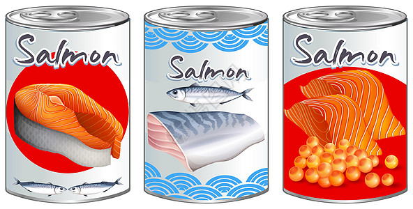 鲑鱼的三种罐头食品设计图片