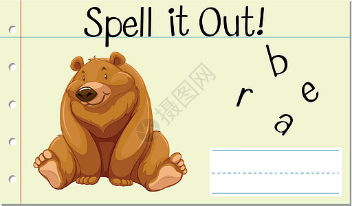 拼写英文单词 bea字母卡片英语字体语言插图卡通片夹子教育艺术图片