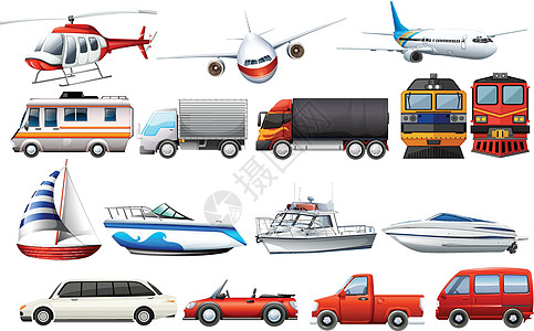 不同类型的交通工具飞机货车夹子运输翅膀插图露营绘画小路直升机图片